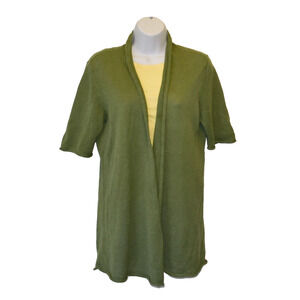 A6 NWoT EILEEN FISHER Green Linen Knit Open Front Short Sleeve Cardigan Size S